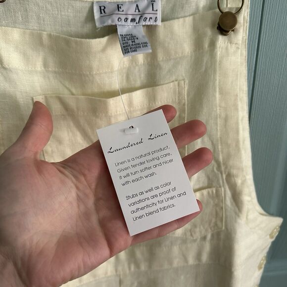 Vtg 90s Real Comfort Linen Ivory Short Overalls Romper Medium Y2K Lagenlook Boho - Picture 4 of 11